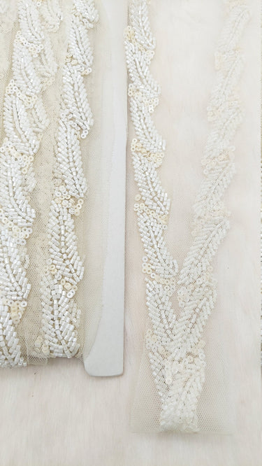 White Net Bridal Trim In White Beaded Leaf Embroidery, Hand Embroidered Bead Lace, Floral Embroidered Trim